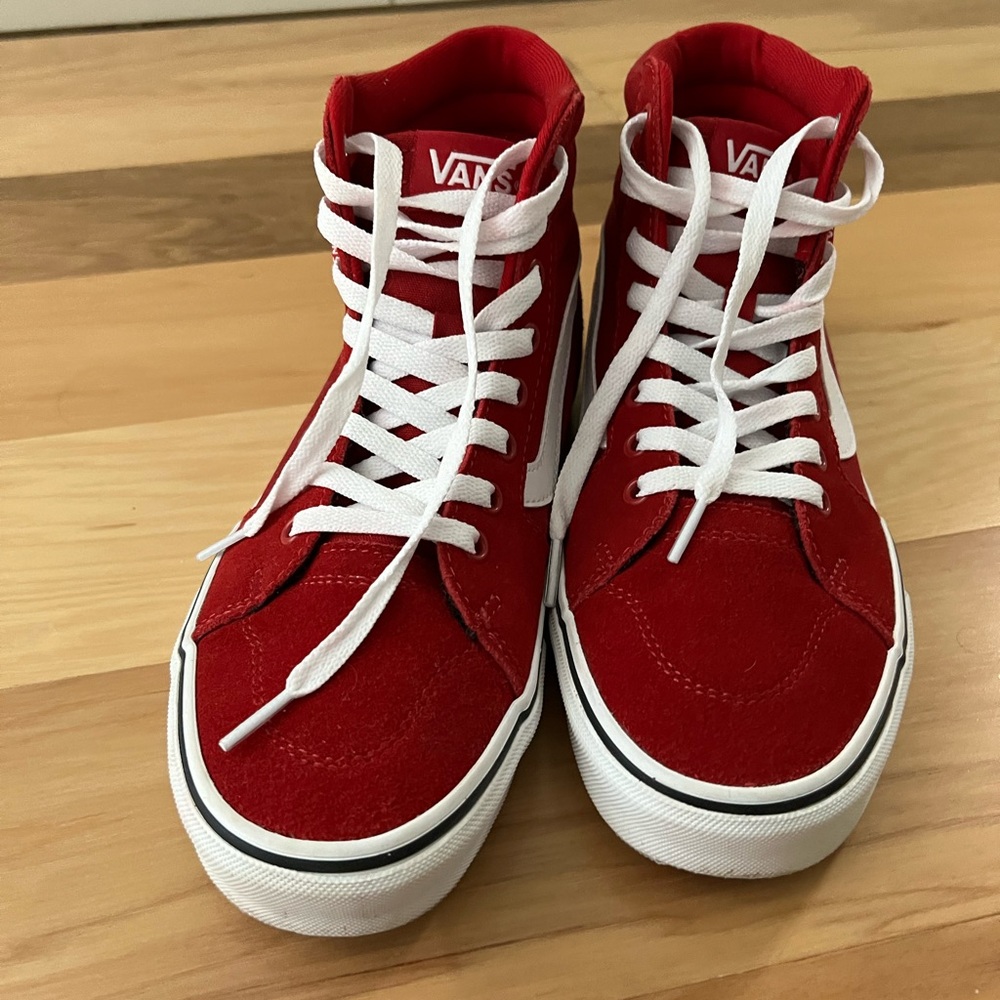 Red High Top Vans - size 9.5 women’s, size 8 men’s